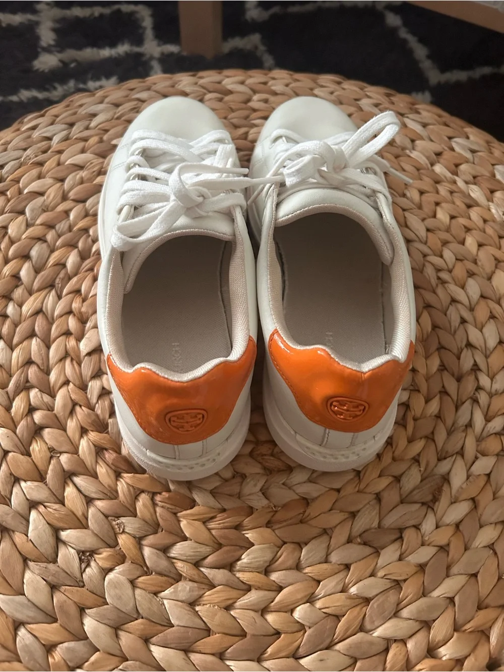 Tory Burch White Leather Lace-Up Sneakers with Orange Heel Trim